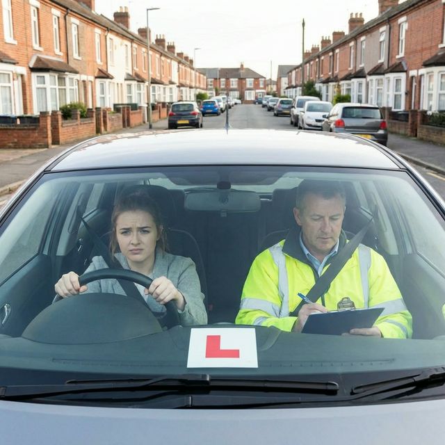Learner driver with examiner on driving test day